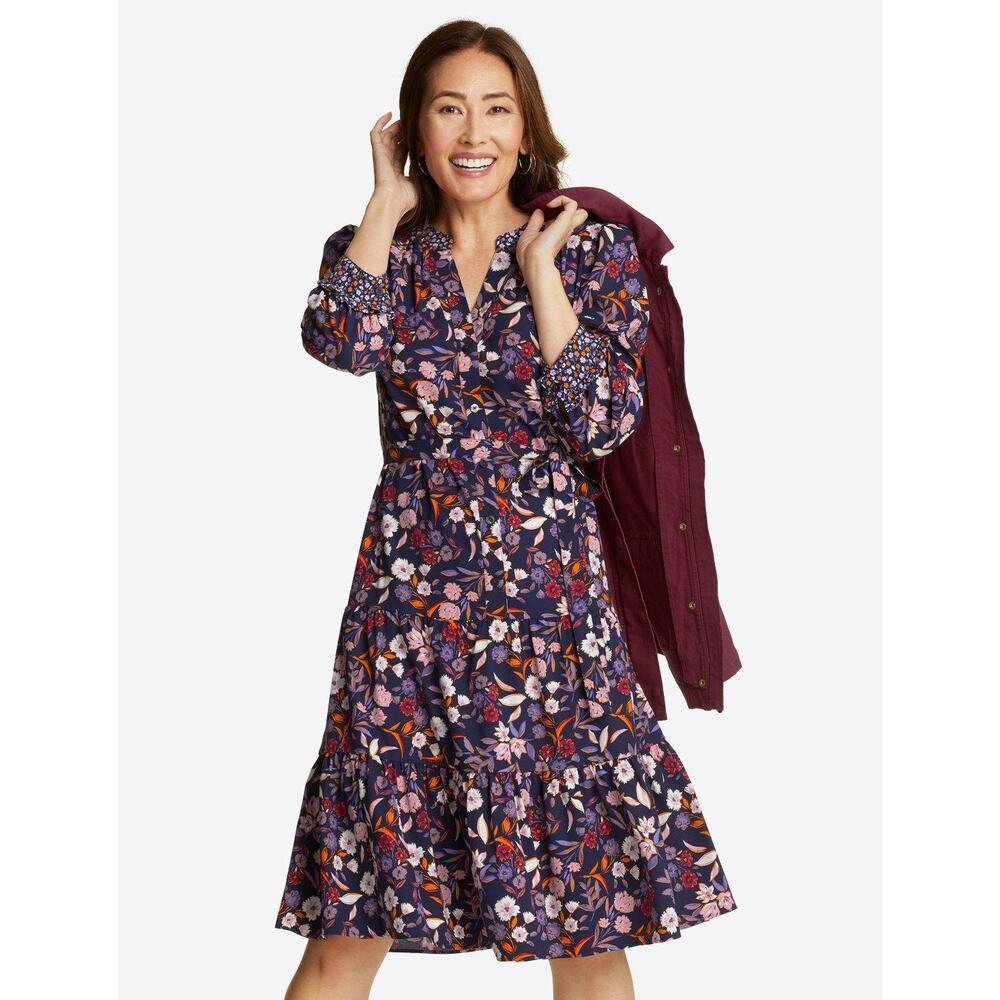 Draper James Women's Loretta Shirt Dress‎ Navy Floral Flattering Tiered Skirt XS
